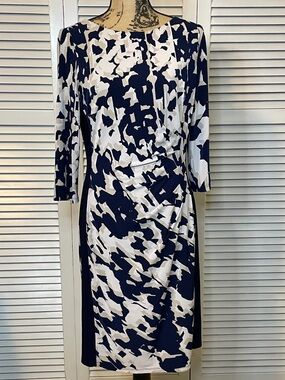 EUC - Ralph Lauren Navy, Tan and White Abstract Midi Dress - Sz 12